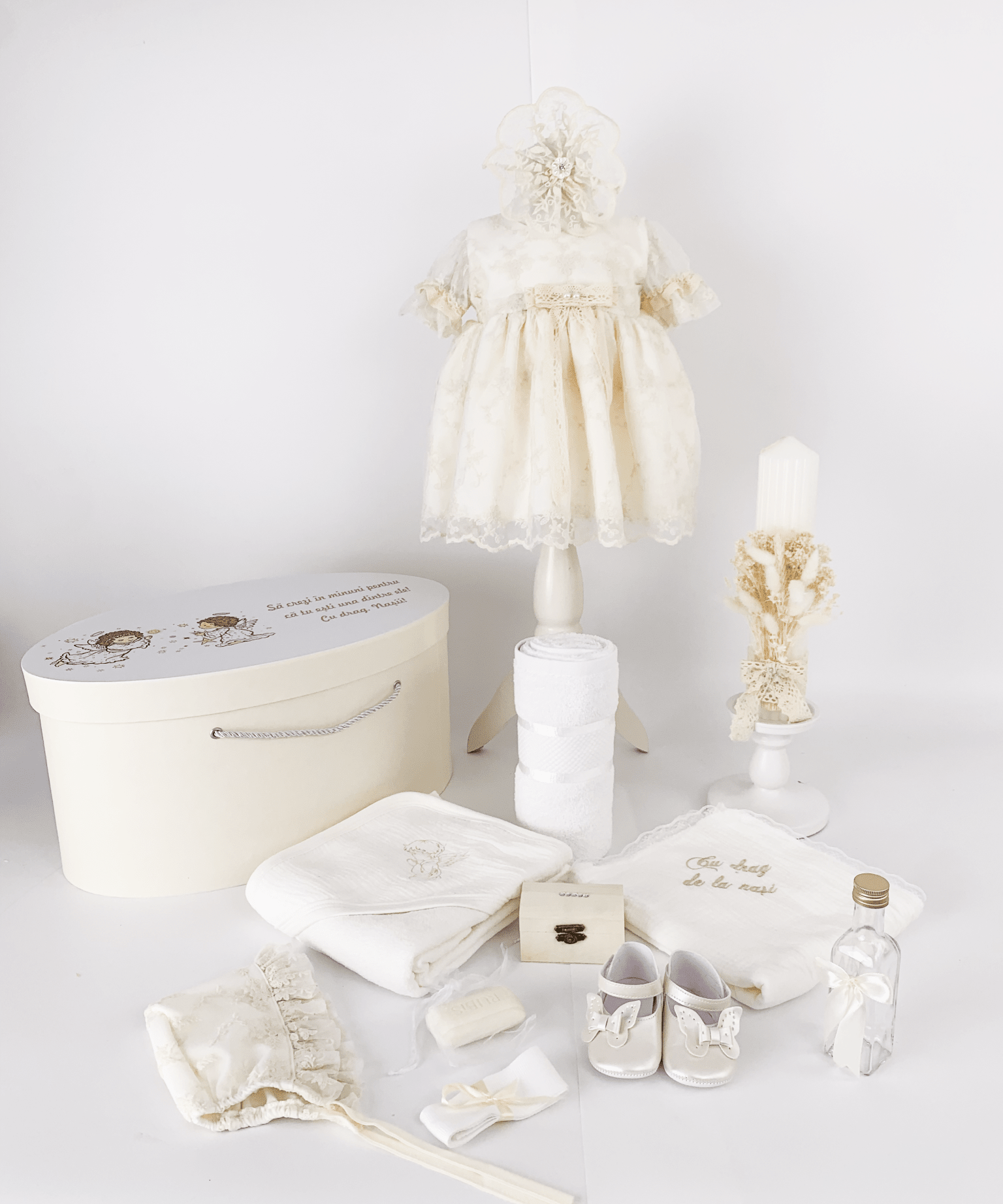 Trusou botez complet cu rochita eleganta si lumanare personalizata hand made - Ania - Botez bebelusi