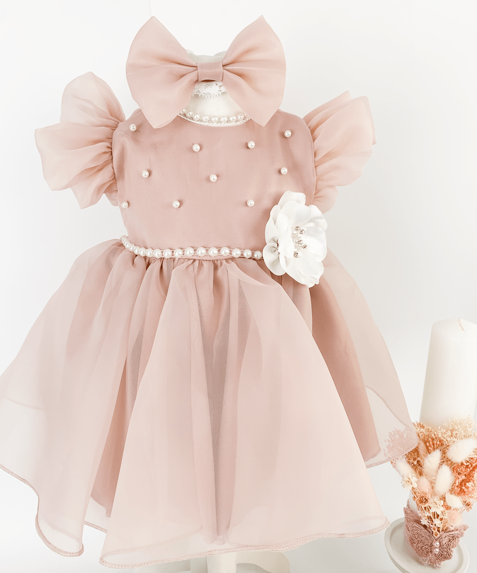 Trusou botez complet cu rochita eleganta si lumanare personalizata hand made - Clotilde - Botez bebelusi
