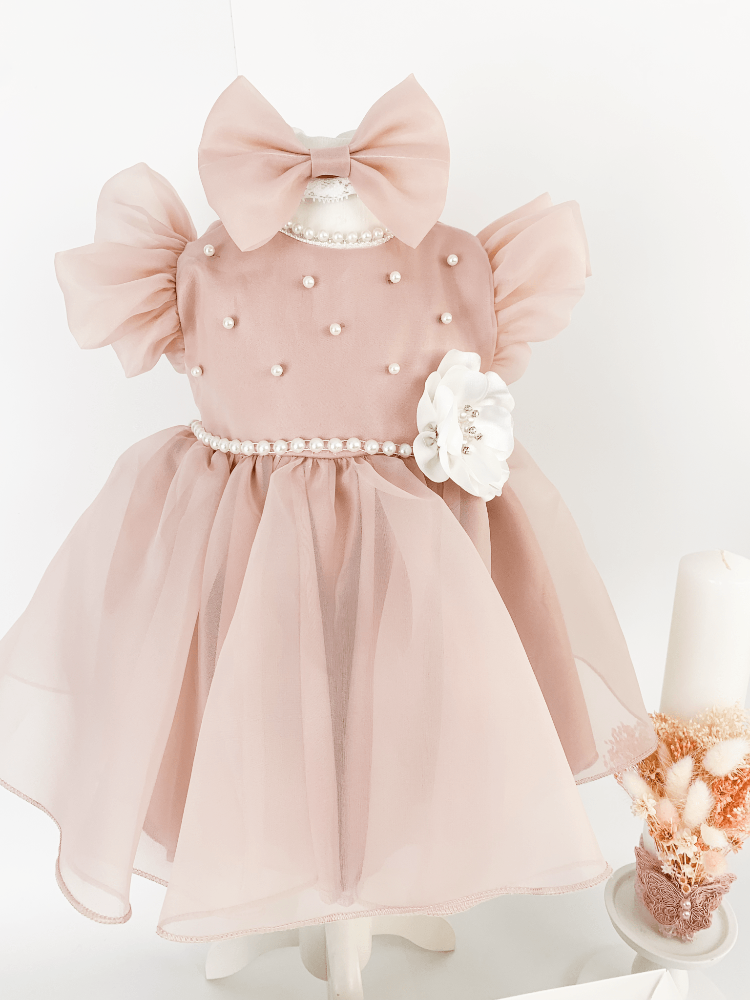 Trusou botez complet cu rochita eleganta si lumanare personalizata hand made - Clotilde - Botez bebelusi