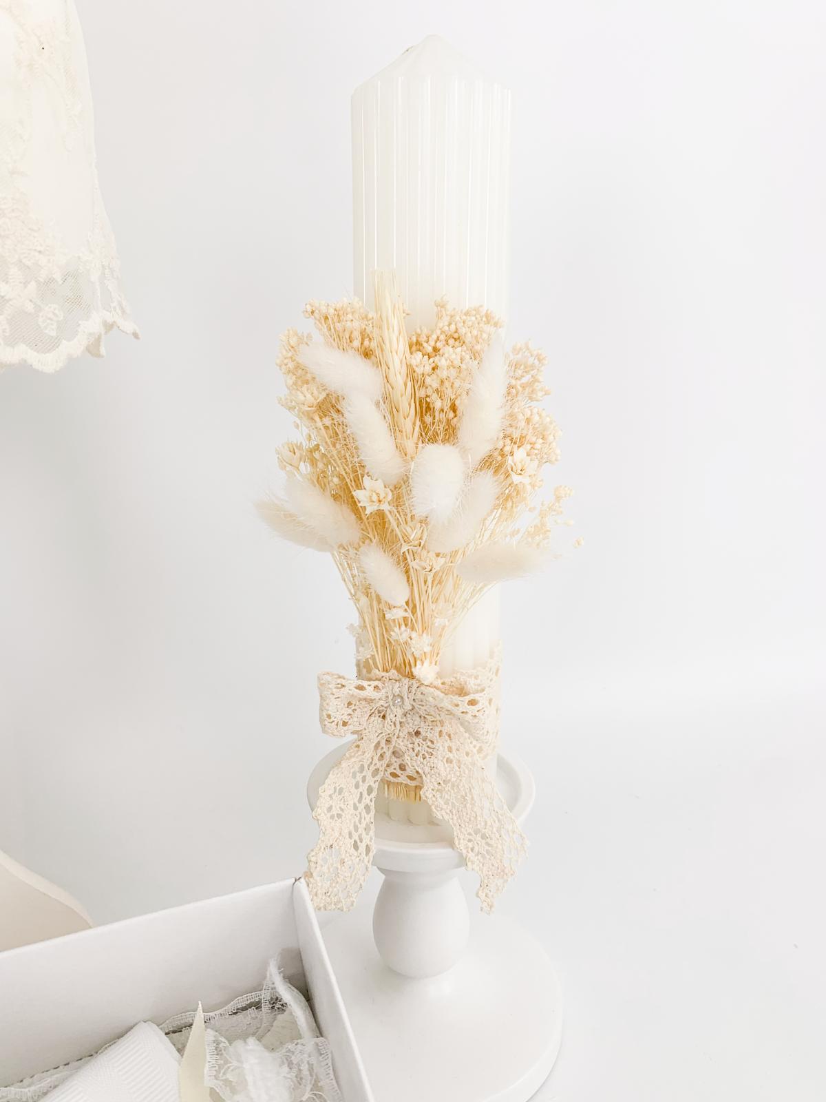 Trusou botez complet cu rochita eleganta si lumanare personalizata hand made - Crinuta - Botez bebelusi
