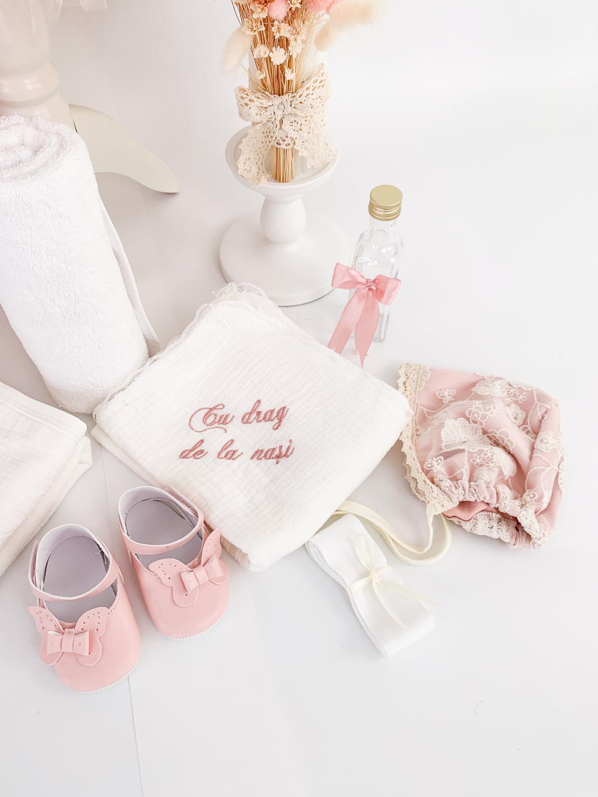 Trusou botez complet cu rochita eleganta si lumanare personalizata hand made - Danina - Botez bebelusi