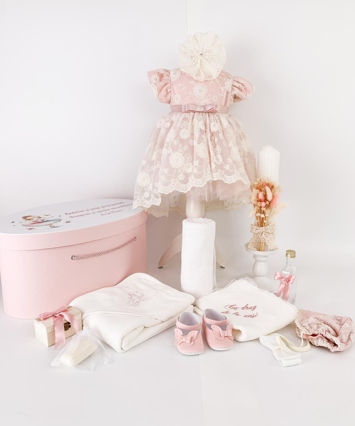 Trusou botez complet cu rochita eleganta si lumanare personalizata hand made - Danina - Botez bebelusi