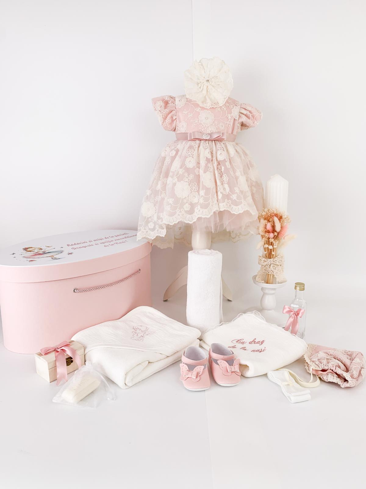Trusou botez complet cu rochita eleganta si lumanare personalizata hand made - Danina - Botez bebelusi