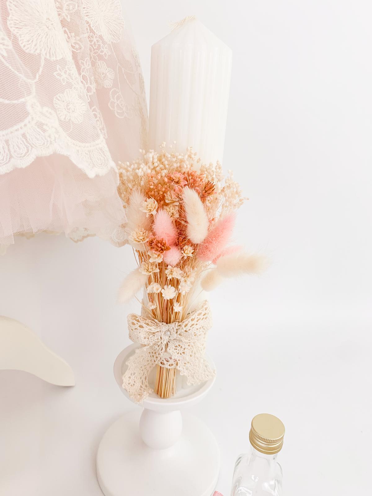 Trusou botez complet cu rochita eleganta si lumanare personalizata hand made - Danina - Botez bebelusi