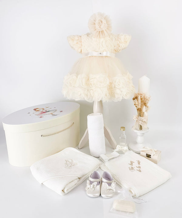 Trusou botez complet cu rochita eleganta si lumanare personalizata hand made - Gineva - Botez bebelusi
