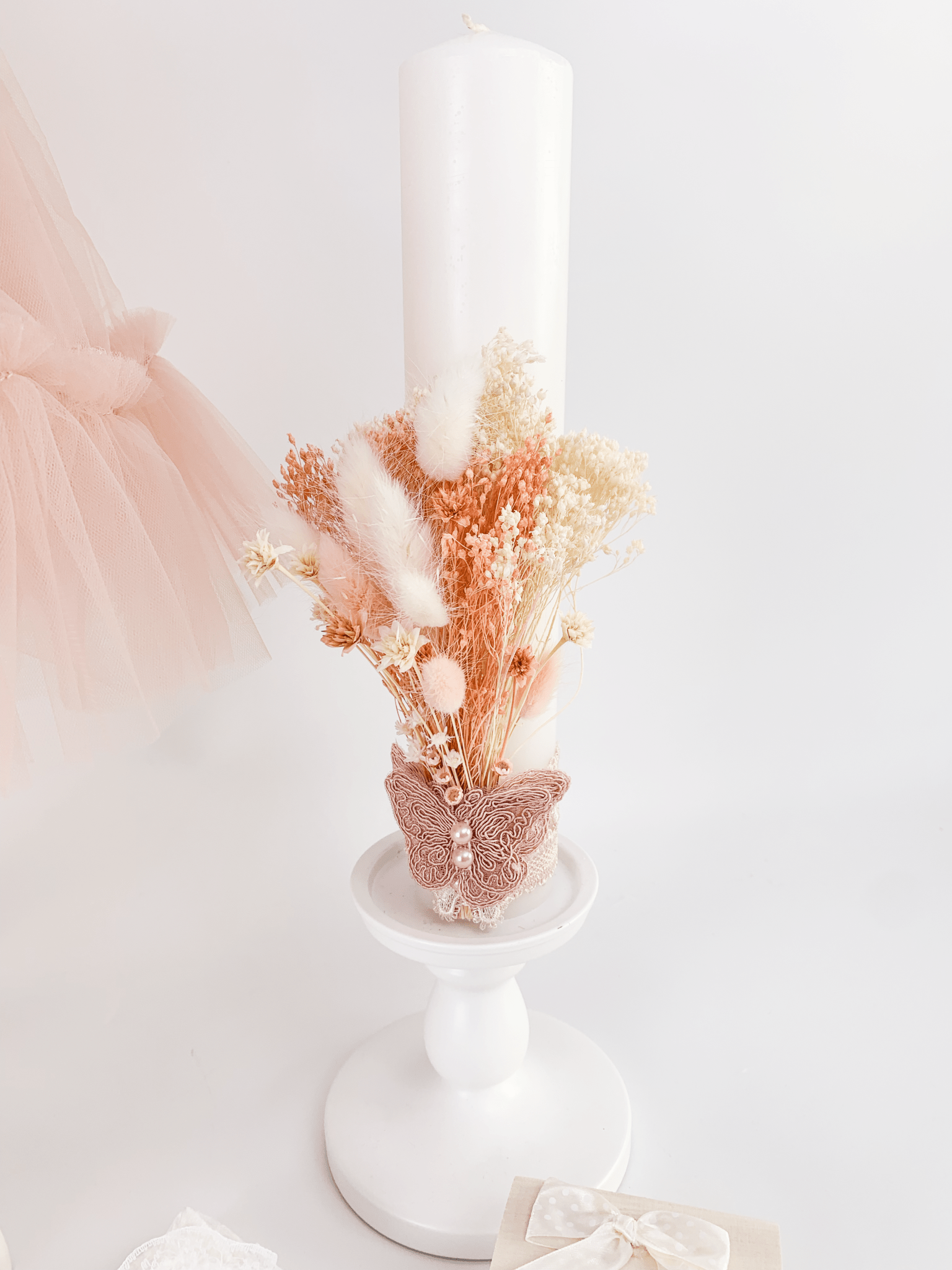 Trusou botez complet cu rochita eleganta si lumanare personalizata hand made - Olimpia - Botez bebelusi