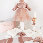 Trusou botez complet cu rochita eleganta si lumanare personalizata hand made - Olimpia - Botez bebelusi