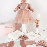 Trusou botez complet cu rochita eleganta si lumanare personalizata hand made - Olimpia - Botez bebelusi