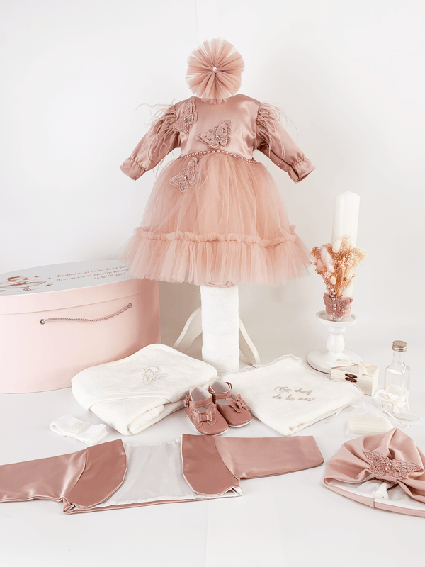 Trusou botez complet cu rochita eleganta si lumanare personalizata hand made - Olimpia - Botez bebelusi