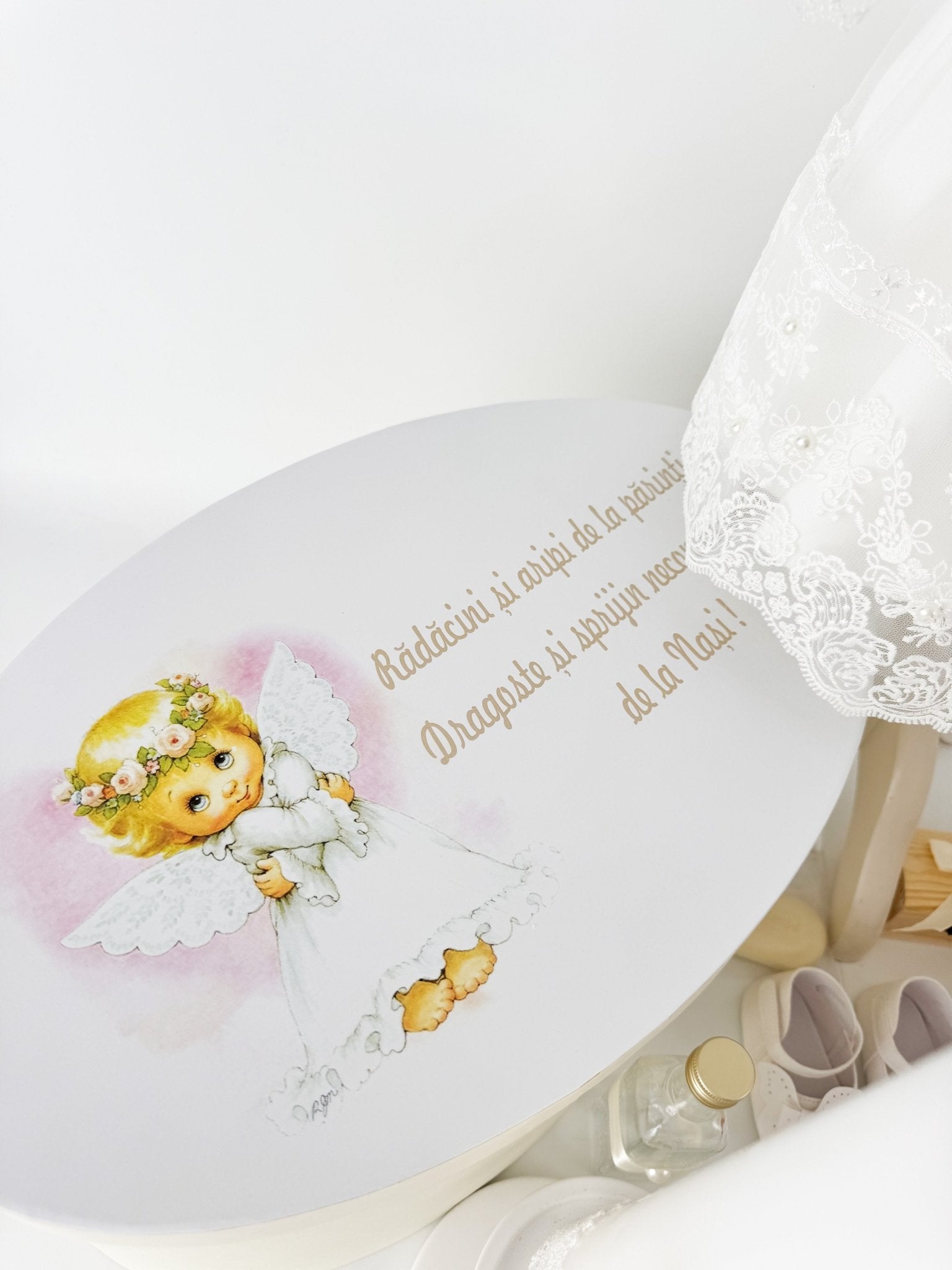 Trusou botez complet cu rochita eleganta si lumanare personalizata manual - Elenuta - Botez bebelusi
