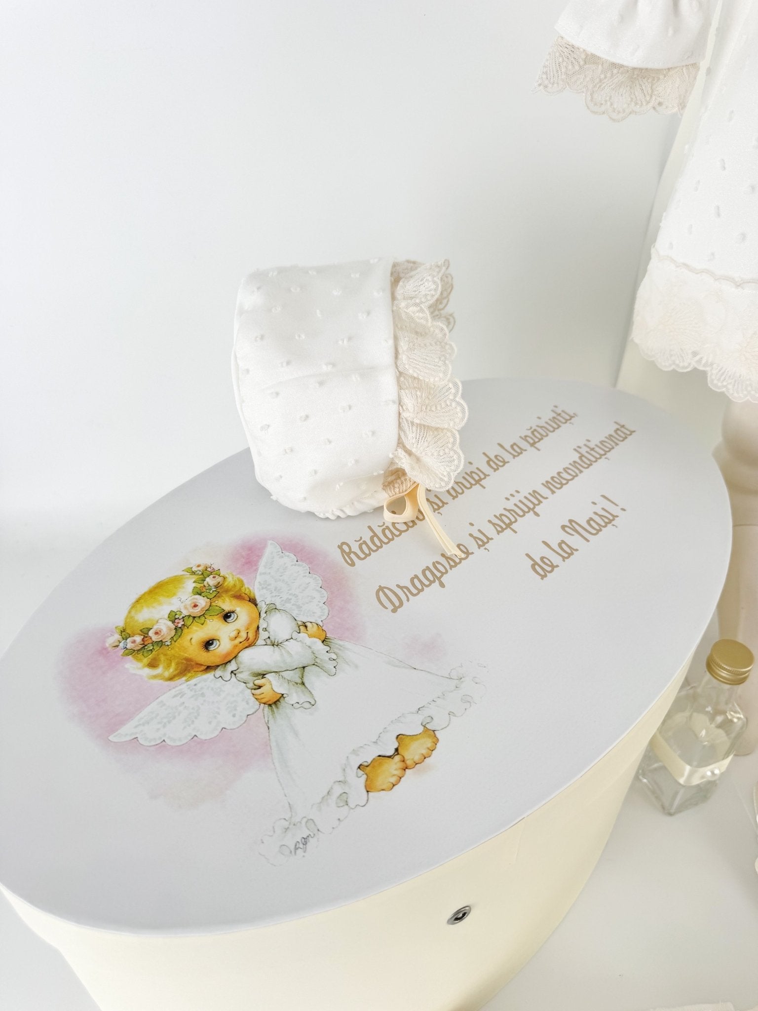 Trusou botez complet cu rochita eleganta si lumanare personalizata manual - Florica - Botez bebelusi