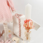 Trusou botez complet cu rochita eleganta si lumanare personalizata manual - Floricica - Botez bebelusi