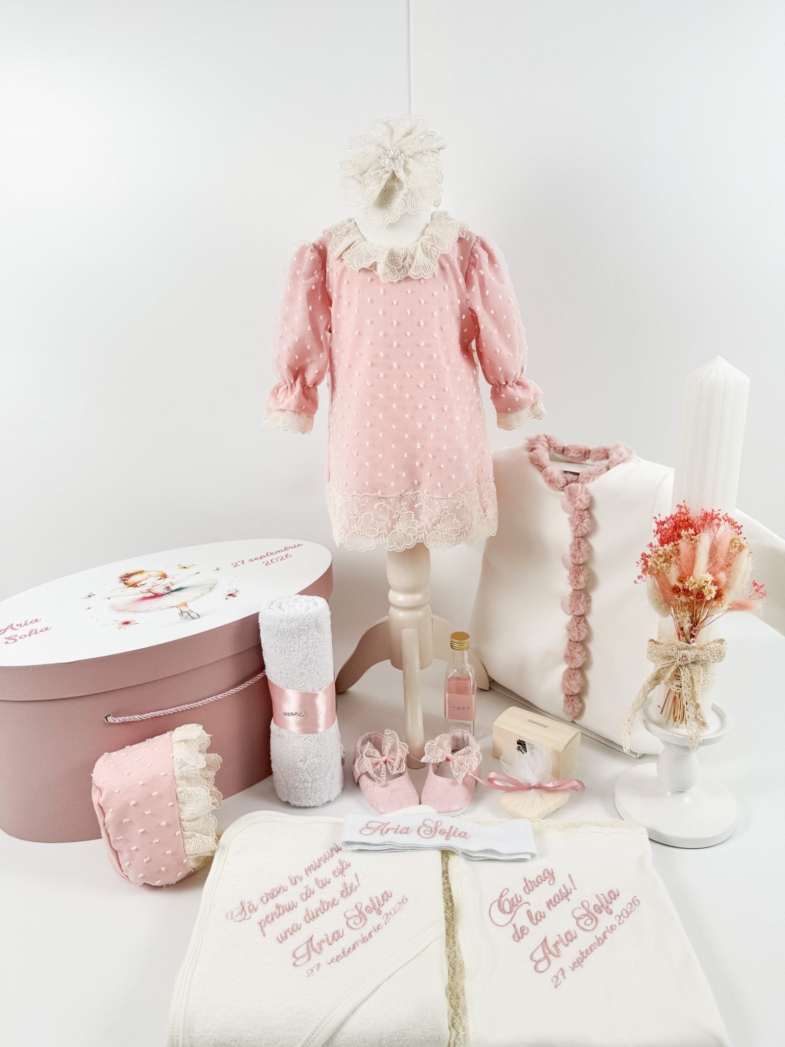 Trusou botez complet cu rochita eleganta si lumanare personalizata manual - Floricica - Botez bebelusi