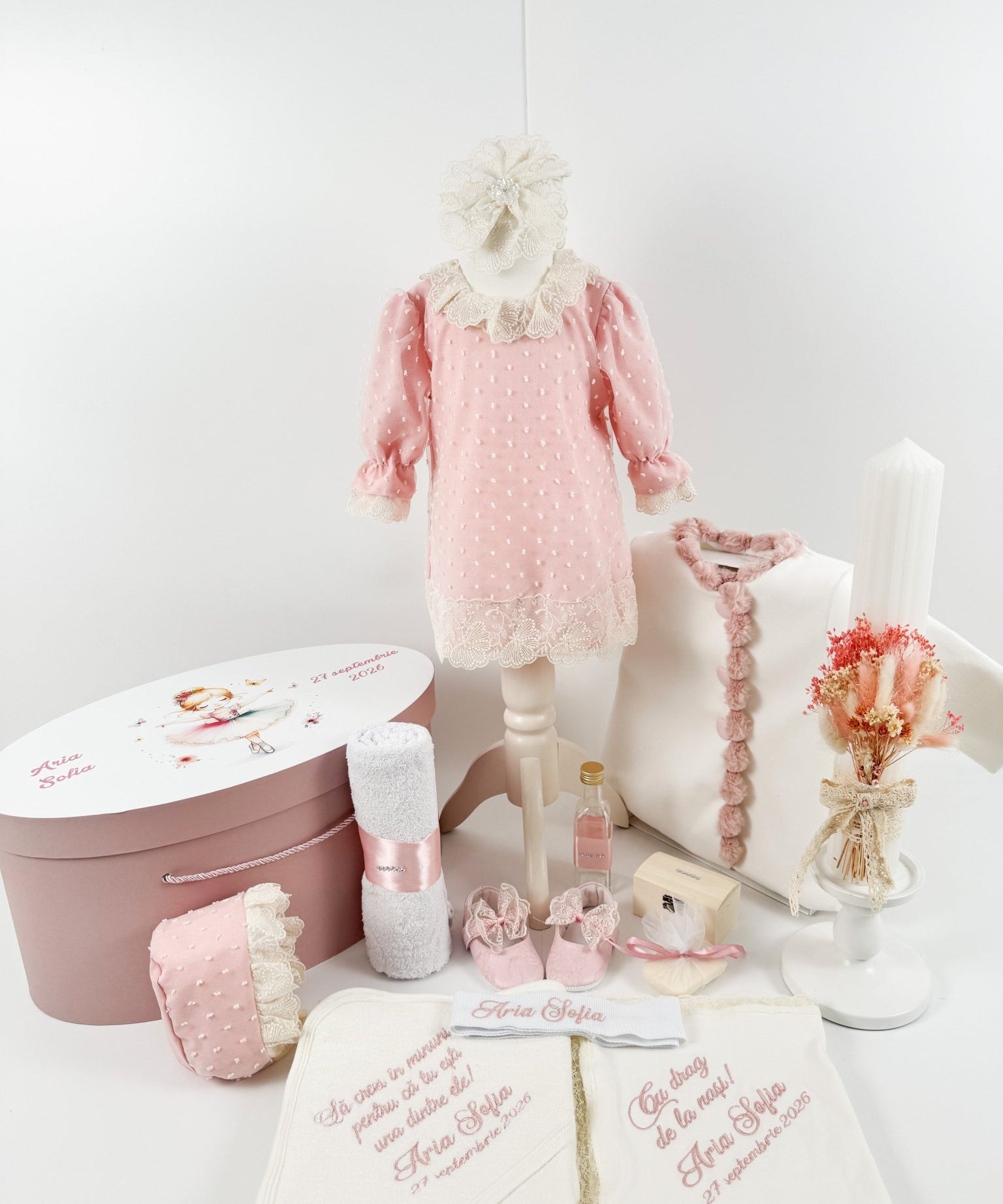 Trusou botez complet cu rochita eleganta si lumanare personalizata manual - Floricica - Botez bebelusi