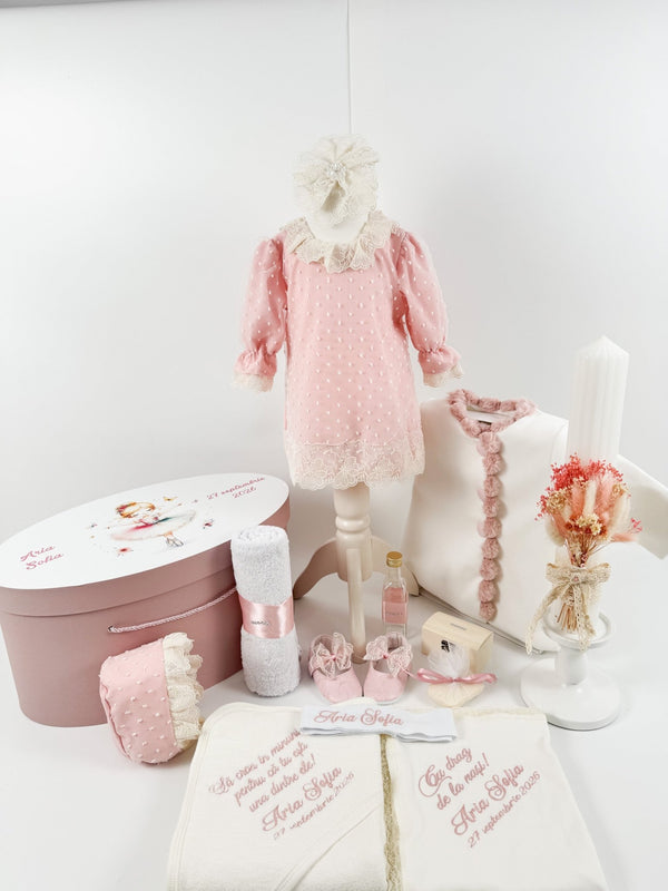 Trusou botez complet cu rochita eleganta si lumanare personalizata manual - Floricica - Botez bebelusi