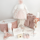 Trusou botez complet cu rochita eleganta si lumanare personalizata manual - Leah - Botez bebelusi