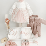 Trusou botez complet cu rochita eleganta si lumanare personalizata manual - Lola - Botez bebelusi