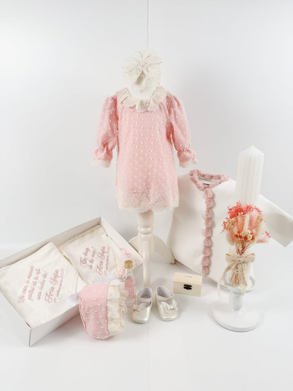 Trusou botez complet cu rochita eleganta si lumanare personalizata manual - Marioara - Botez bebelusi