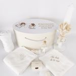 Trusou personalizat botez cu cufar, muselina si lumanare ceara naturala - Alesia - Botez bebelusi