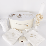Trusou personalizat botez cu cufar, muselina si lumanare ceara naturala - Alesia - Botez bebelusi