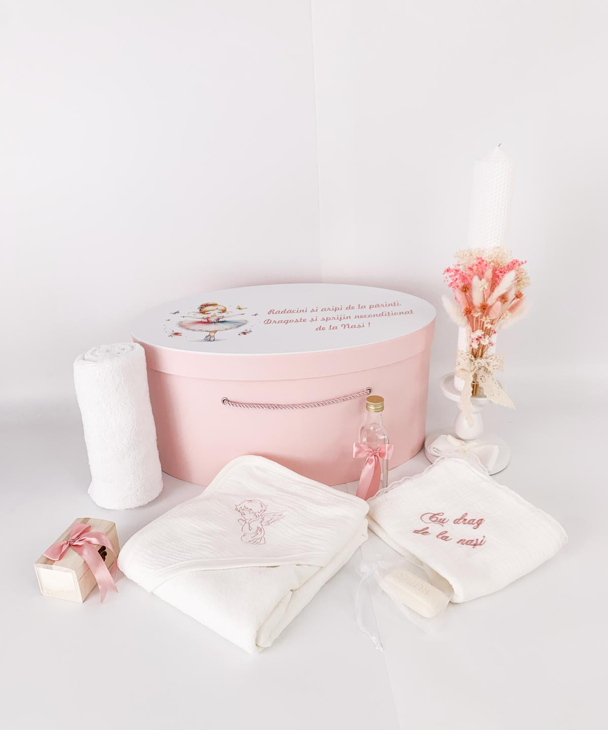 Trusou personalizat botez cu cufar, muselina si lumanare ceara naturala - Talia - Botez bebelusi