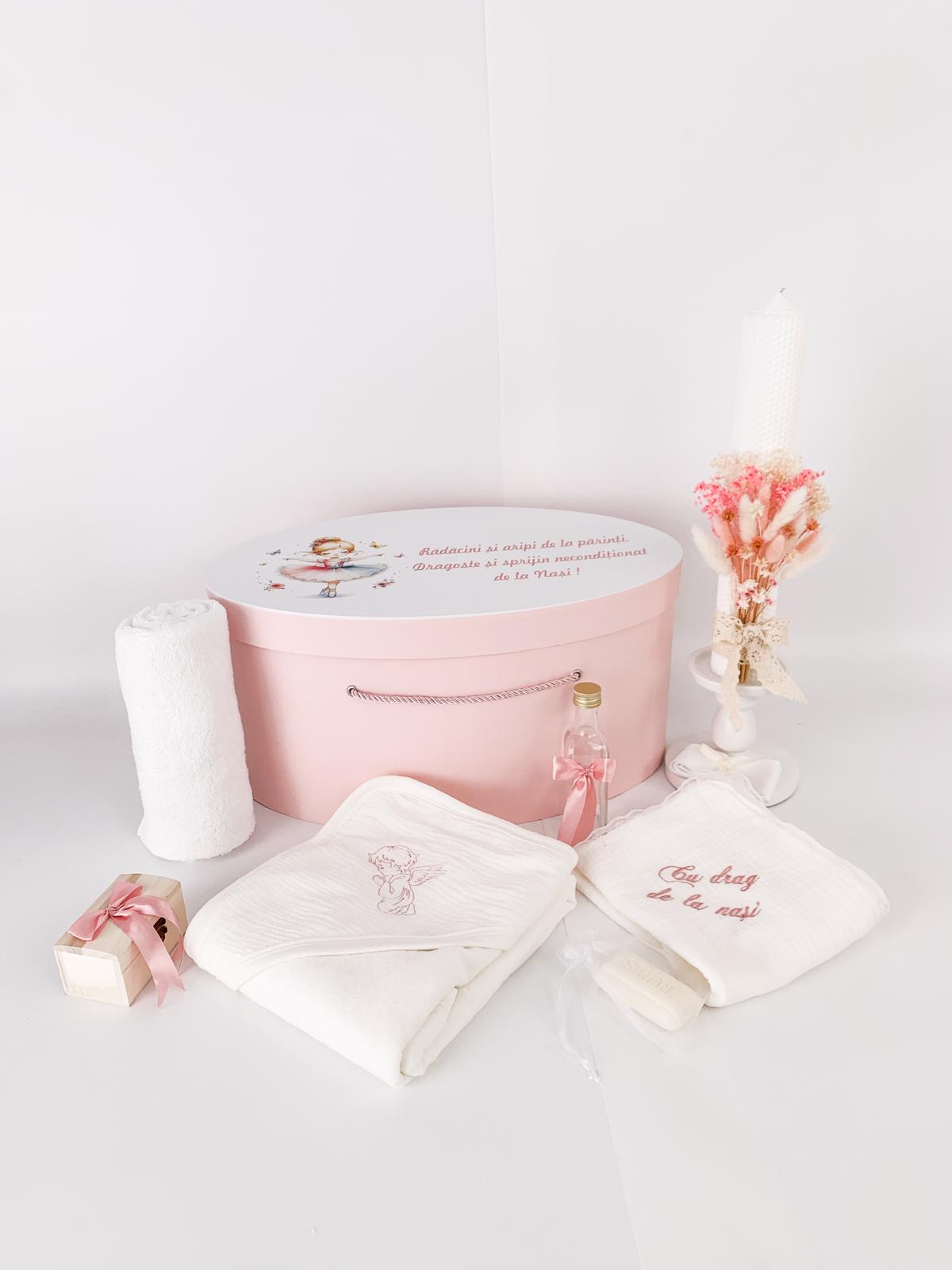 Trusou personalizat botez cu cufar, muselina si lumanare ceara naturala - Talia - Botez bebelusi