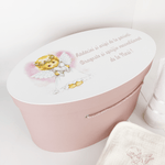 Trusou personalizat botez cu cufar, muselina si lumanare ceara naturala - Vivienne - Botez bebelusi