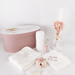 Trusou personalizat botez cu cufar, muselina si lumanare ceara naturala - Vivienne - Botez bebelusi