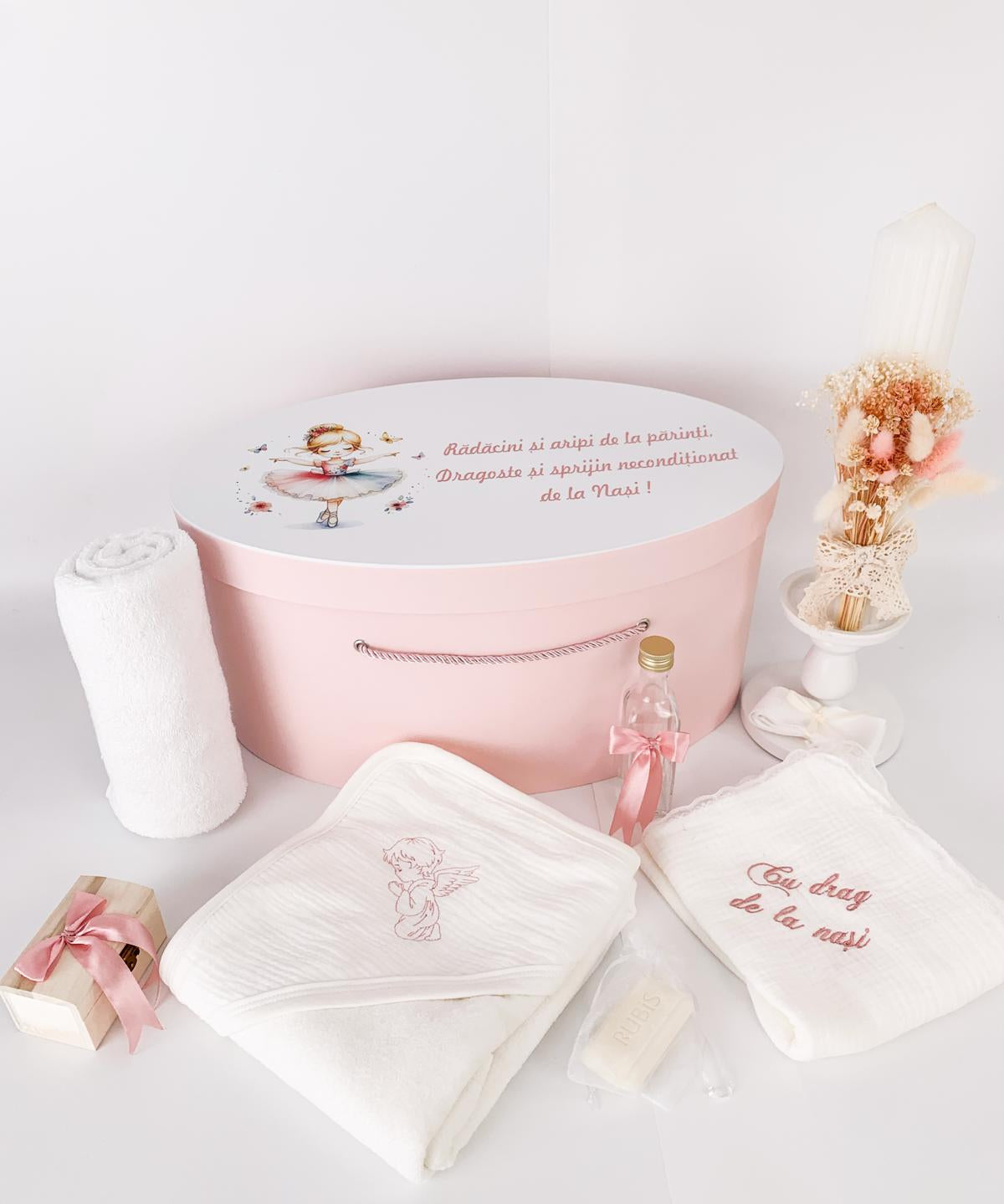 Trusou personalizat botez cu cufar, muselina si lumanare hand made - Talia - Botez bebelusi