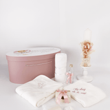 Trusou personalizat botez cu cufar, muselina si lumanare hand made - Vivienne - Botez bebelusi
