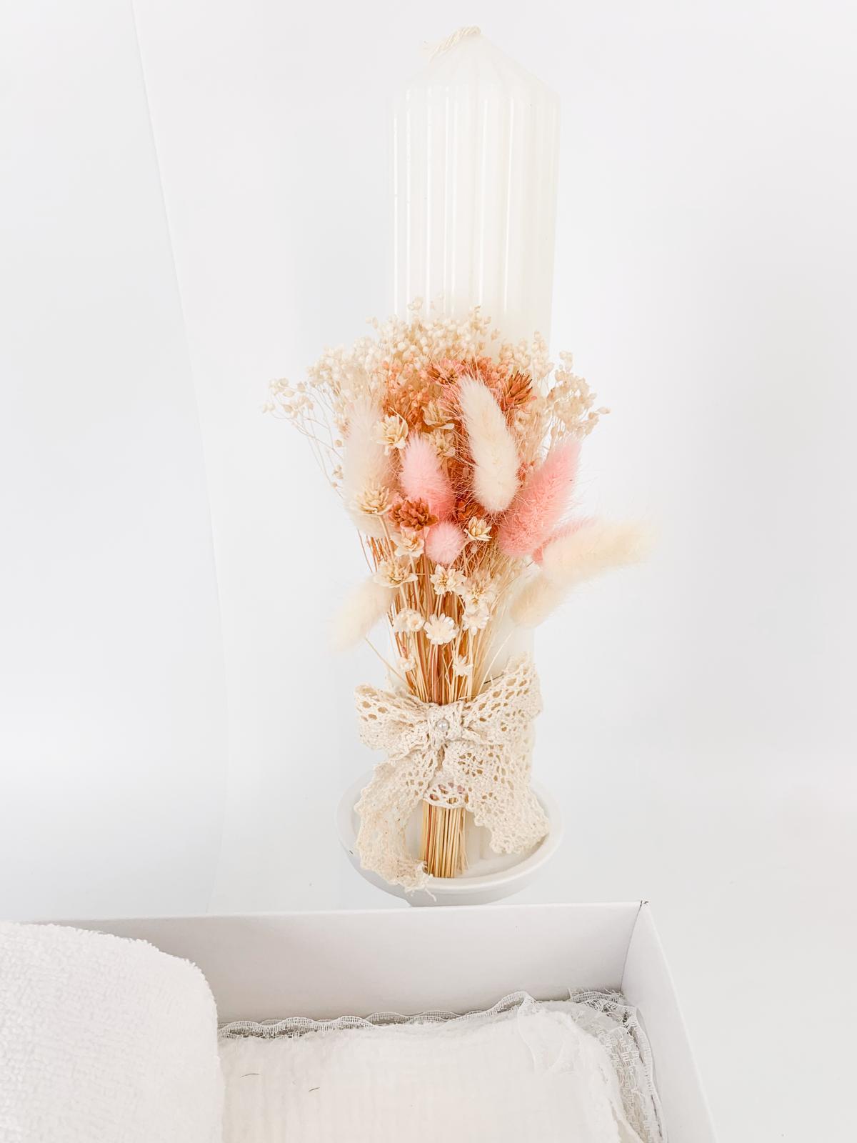 Trusou personalizat botez muselina si lumanare hand made - Talia - Botez bebelusi